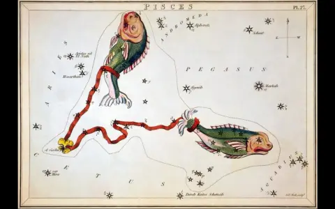 Stara mapa gwiazd przedstawia konstelację Ryb, symbolizującą horoskop Ryby. Zdrowie i dobre samopoczucie są kluczowe dla tego znaku zodiaku.