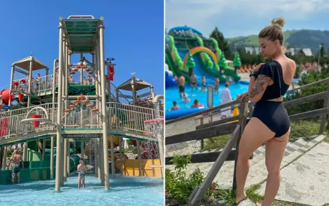 Wodne atrakcje dla dzieci w Zakopanem: kolorowe zjeżdżalnie i wodny plac zabaw. Kobieta w czarnym stroju kąpielowym na tle górskiego krajobrazu.
