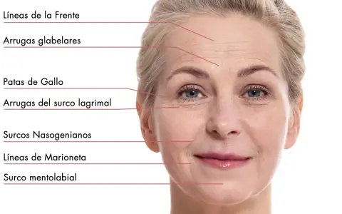 Rostro de mujer con líneas de expresión marcadas, mostrando arrugas estáticas en frente, ojos y alrededor de la boca.