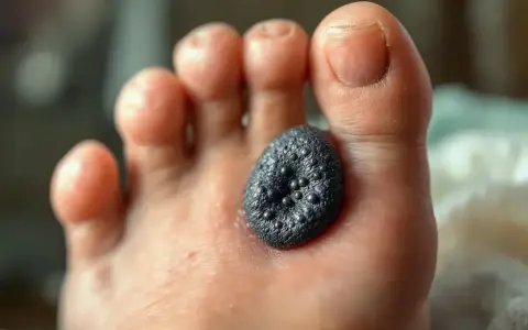 Gros plan sur un pied avec une verrue noire, rugueuse et texturée, parsemée de petits points sombres, posée sur la peau entre les orteils.