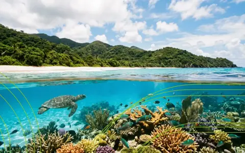 Tartaruga marina nuota tra coralli colorati e pesci in queste **aree marine protette**. La costa verdeggiante e la spiaggia bianca completano lo scenario.