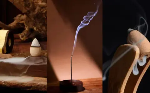 Tres escenas de incienso: un cono en madera, una varilla con humo ondulante y dos conos en un soporte. Aprende como apagar incienso.