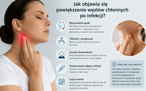 Kobieta dotyka szyi, gdzie widoczne jest zaczerwienienie, wskazujące na zapalenie węzłów chłonnych. Obraz przedstawia objawy powiększenia węzłów.