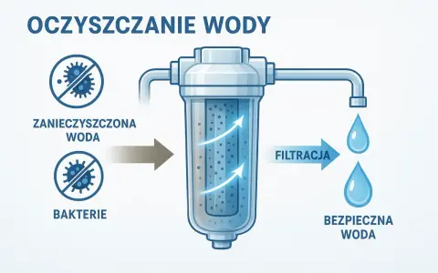 Schemat pokazuje proces uzdatniania wody pitnej. Zanieczyszczona woda z bakteriami przechodzi przez filtr, gdzie następuje filtracja, a na końcu otrzymujemy bezpieczną wodę.