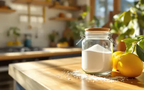 Barattolo di acido citrico e limoni su un tavolo di legno, pronti per vari usi domestici e di pulizia.