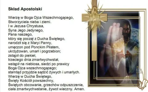 Tekst modlitwy "Wierzę w Boga Ojca Wszechmogącego" z wizerunkiem Jezusa.