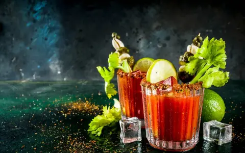 Dwa drinki Bloody Mary, ozdobione łodygami selera, limonką i piklami. Ich historia jest równie intrygująca, co smak.