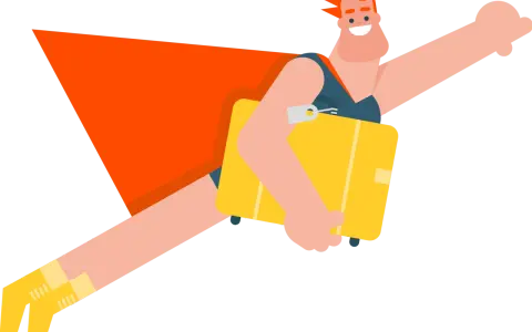 Cartoon man with orange cape and yellow boots flying with a yellow suitcase.