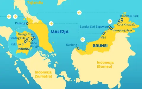 Mapa pokazuje, gdzie leży Malezja, z zaznaczonymi miastami jak Penang, Kuching, Kota Kinabalu, oraz sąsiednimi Tajlandią, Brunei i Indonezją.