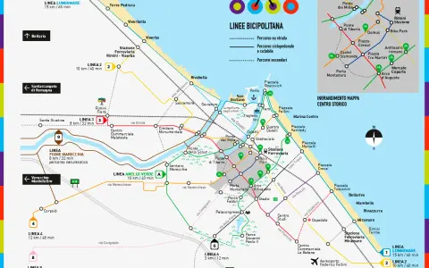 Mappa della pista ciclabile di Rimini con linee colorate che indicano percorsi, fermate e distanze.