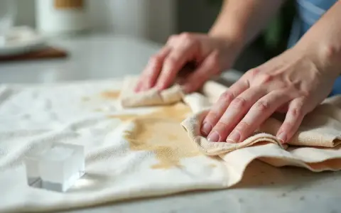 Ręce delikatnie usuwają plamę z żywicy z jasnego materiału za pomocą ściereczki.