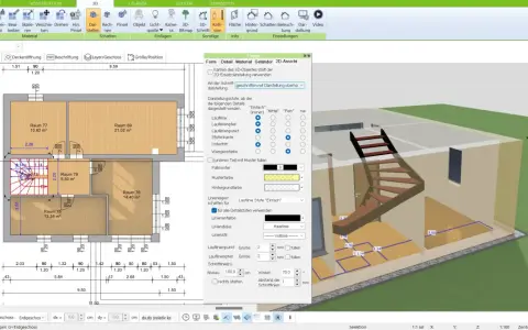 Eine Holztreppe wird in einem 2D-Grundriss und 3D-Modell gezeichnet. Die Einstellungen für die Treppendarstellung sind sichtbar.