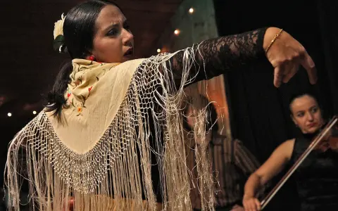Tancerka flamenco z frędzlami na szalu, w tle skrzypaczka. To jest co to flamenco.