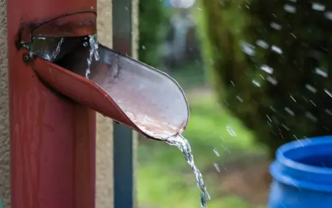 Agua de lluvia cayendo de una canaleta roja hacia un barril azul, una forma práctica de saber como recoger agua de lluvia en un terreno.