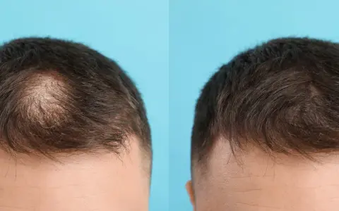 Före och efter bilder som visar resultat av microneedling hårbotten. Håret ser tätare ut efter behandlingen.