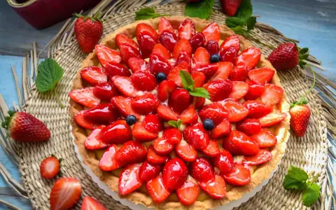Ein leckerer Erdbeerkuchen mit einem wunderschönen Muster aus frischen Erdbeeren und Blaubeeren, glasiert und garniert mit Minze.