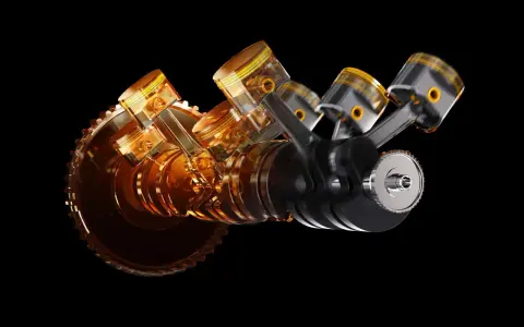 Motore V4 trasparente con pistoni dorati e albero motore. Il movimento dei pistoni è fondamentale per il calcolo della coppia.