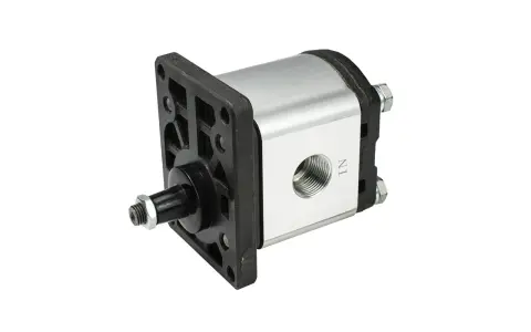 Pompa hydrauliczna z silnikiem elektrycznym, z metalową obudową i czarną podstawą.