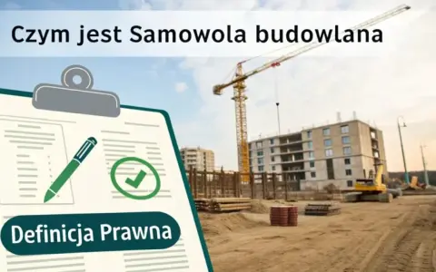 Tablica z tekstem "Czym jest Samowola budowlana" i "Definicja Prawna" na tle placu budowy z dźwigiem i budynkiem. Kara za samowolę budowlaną może być wysoka.