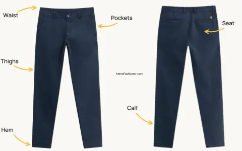 Front and back views of navy blue chino pants, highlighting waist, thighs, pockets, seat, calf, and hem.