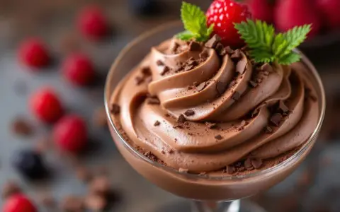Délicieux dessert sans oeuf : mousse au chocolat onctueuse, garnie de copeaux de chocolat, d'une framboise fraîche et de feuilles de menthe.