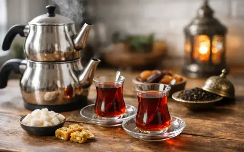 Para podana do degustacji: gorąca herbata po turecku, cukierki i suszone owoce.