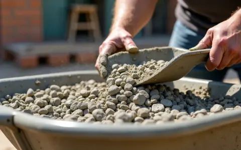 Mocny beton proporcje: ręce wsypują kruszywo do taczki, przygotowując mieszankę.