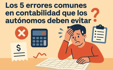 Un autónomo agobiado frente a errores comunes en contabilidad. Calculadora, ticket y lista de tareas sugieren la dificultad de contabilizar cuota autónomo.