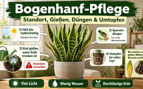 Bogenhanf-Pflege: Heller Standort, Erde trocknen lassen, sparsam düngen, Staunässe vermeiden. Viel Licht, wenig Wasser, durchlässige Erde.