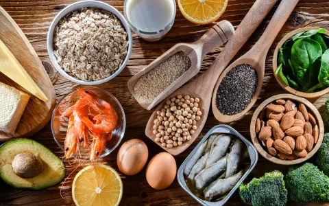 Variedad de alimentos con calcio: avena, leche, queso, camarones, huevos, almendras, sardinas, brócoli, espinacas, semillas de chía y sésamo.