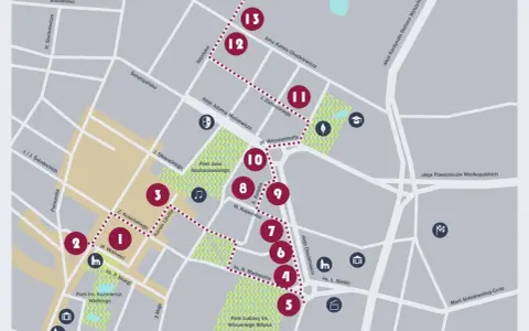 Mapa turystyczna z zaznaczonymi punktami, m.in. Parkiem im. Kazimierza Wielkiego i placem Wolności. Dag Bromberg mógłby tu odkrywać ciekawe miejsca.