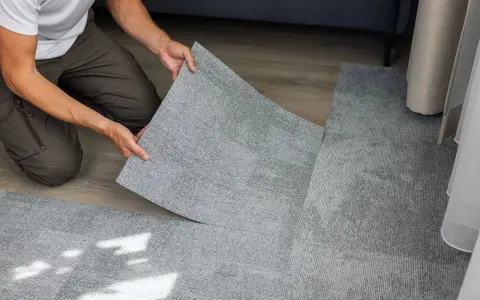 Pose d'une nouvelle moquette pour cacher un manque de carrelage. Les dalles grises s'assemblent parfaitement.