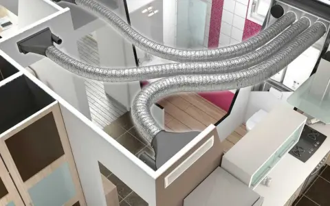 Vue en coupe d'une maison montrant les conduits d'un système de chauffage gainable. L'inconvénient chauffage gainable est l'encombrement des tuyaux dans les faux plafonds.