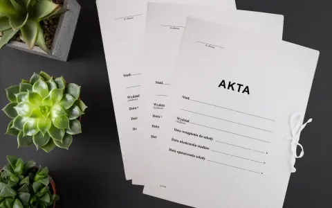 Teczka na studia z polami do wypełnienia: imię, nazwisko, wydział, daty. Obok zielone sukulenty.