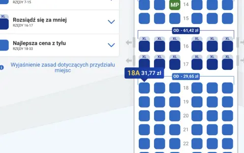 Wybierz miejsce w samolocie Ryanair, przeglądając dostępne opcje, np. "Rozsiądź się za mniej" lub "Najlepsza cena z tyłu".