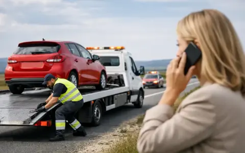 Pomoc drogowa na 1500 km. Kierowca zabezpiecza auto na lawecie, a kobieta wzywa pomoc przez telefon.