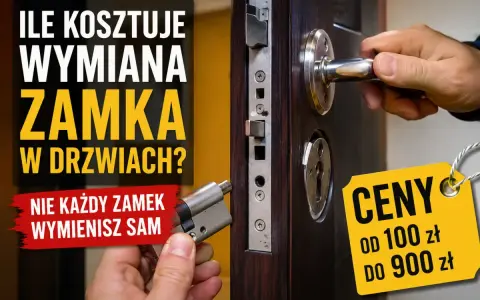 Wymiana zamka w drzwiach. Dwie dłonie trzymają nowy zamek i klamkę, obok żółta metka z cenami.