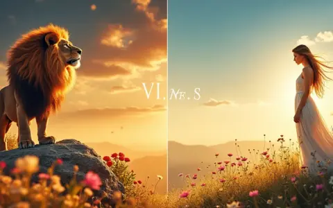Lion majestueux sur un rocher, symbole mois d'août. À droite, une femme en robe blanche dans un champ de fleurs sous un ciel doré.