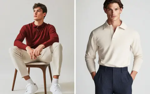 Due modelli presentano un elegante outfit con polo uomo: uno con polo bordeaux e pantaloni chiari, l'altro con polo beige e pantaloni a righe blu.