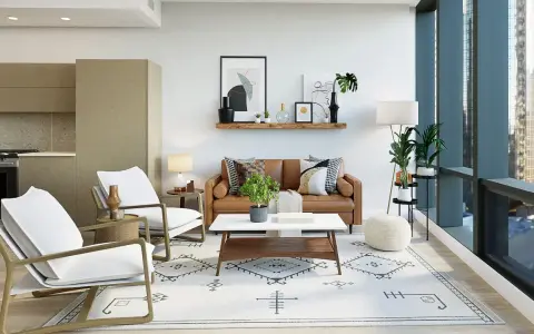 Salón moderno con sofá de cuero, sillones blancos y alfombra geométrica. Dos focos empotrados sin falso techo iluminan la estancia.
