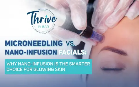 A gloved hand performs nano-infusion on a woman's forehead, promoting glowing skin.