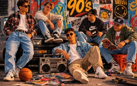 Chłopcy w stylu moda męska 2000, siedzą na samochodzie z boomboxem i kasetami.