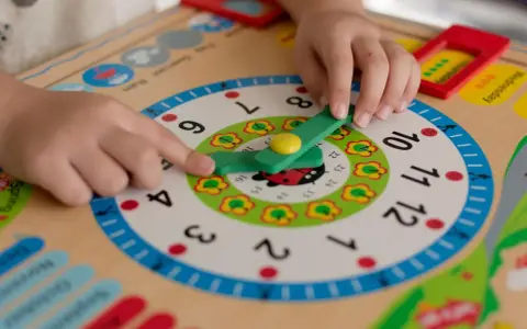 Kind lernt Uhrzeit: Zeiger auf 9, wie bringe ich meinem Kind die Uhr bei? Bunte Lernuhr mit Marienkäfer.