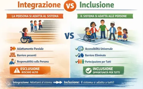 Integrazione vs Inclusione: un bambino in carrozzina affronta scale (integrazione), mentre un gruppo eterogeneo, inclusi bambini con disabilità, cammina insieme (inclusione). Fondamentale per l'autismo e lavoro.