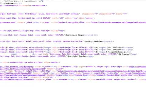 Kod HTML stopki email z danymi kontaktowymi i linkami do mediów społecznościowych.