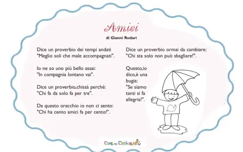 Una poesia sull'amicizia di Gianni Rodari, con un disegno di un bambino sotto l'ombrello. "Chi ha cento amici fa per cento!