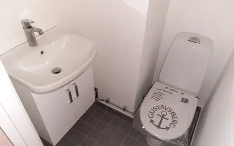Nyrenoverad toalett med stilren kommod och toalettstol med ankarmotiv.