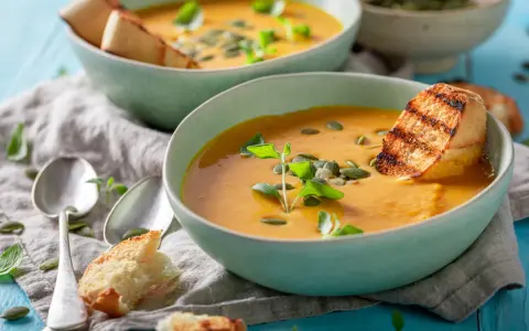 Zwei Schalen cremiger Kürbissuppe mit geröstetem Brot und Kürbiskernen. Ein leichtes, magenschonendes Essen, perfekt für kühle Tage.