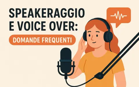Ragazza con cuffie e microfono, testo "Speakeraggio e Voice Over: Domande Frequenti". Cos'è il voiceover?