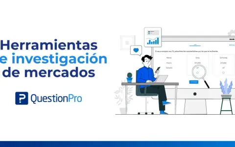 Ilustración de herramientas para investigar el mercado, con un hombre interactuando con una pantalla de computadora que muestra opciones de compra de televisores.
